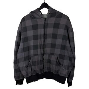 Vintage Y2K Sapphire Lounge Grunge Checkered Sherpa Lined Black Hoodie Size L